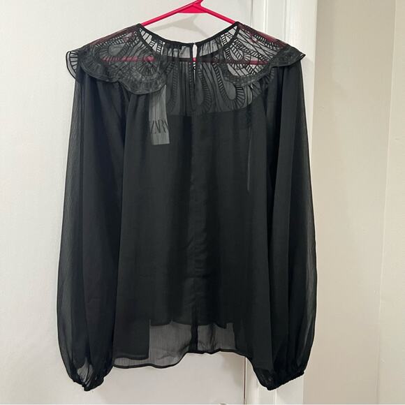 Zara Black ORGANZA BIB COLLAR BLOUSE Size Large - Picture 12 of 12